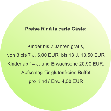 Preise für à la carte Gäste:  Kinder bis 2 Jahren gratis, von 3 bis 7 J. 6,00 EUR, bis 13 J. 13,50 EUR Kinder ab 14 J. und Erwachsene 20,90 EUR. Aufschlag für glutenfreies Buffet pro Kind / Erw. 4,00 EUR