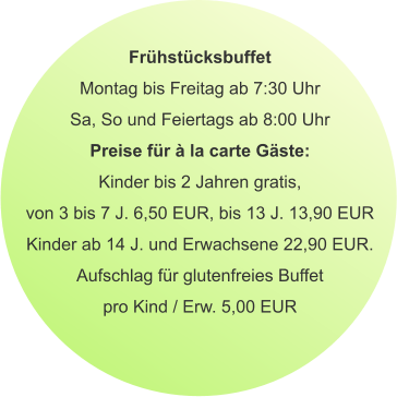Frühstücksbuffet Montag bis Freitag ab 7:30 Uhr Sa, So und Feiertags ab 8:00 Uhr Preise für à la carte Gäste: Kinder bis 2 Jahren gratis, von 3 bis 7 J. 6,50 EUR, bis 13 J. 13,90 EUR Kinder ab 14 J. und Erwachsene 22,90 EUR. Aufschlag für glutenfreies Buffet pro Kind / Erw. 5,00 EUR